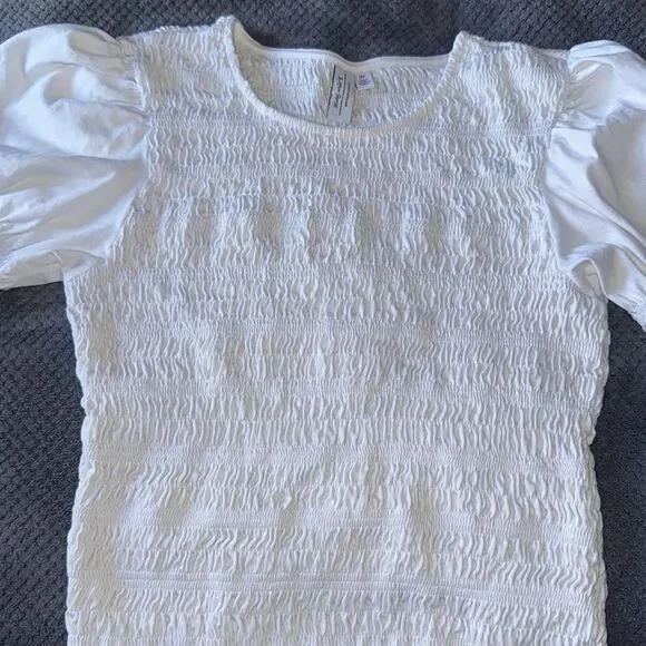 & Other Stories White Smocked Puff Sleeve Ruffle Hem Cotton ~Small - Picture 2 of 7